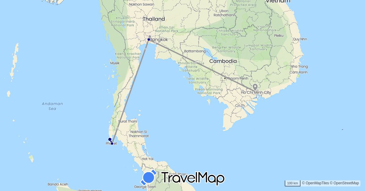 TravelMap itinerary: driving, plane in Thailand, Vietnam (Asia)